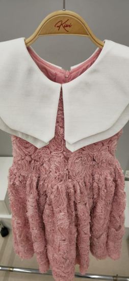 صورة فستان لحمي بقصة أنيقه على الكتف وتل ورود